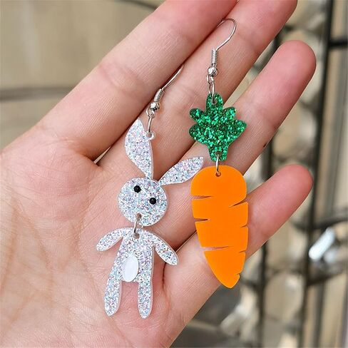 MALOYANVE Rabbit Carrot Earrings for Women Girls Cute Cartoon Sparkly Acrylic Asymmetric Animal Easter Bunny Dangle Drop Earrings Holiday Easter Jewelry Gift Accessories in Saudi Arabia
