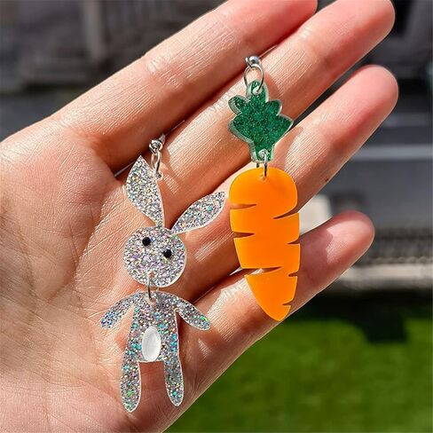 MALOYANVE Rabbit Carrot Earrings for Women Girls Cute Cartoon Sparkly Acrylic Asymmetric Animal Easter Bunny Dangle Drop Earrings Holiday Easter Jewelry Gift Accessories in Saudi Arabia