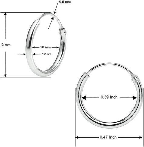 Sterling Silver Endless Hoops 1.2mm x 12mm Thin Round Unisex Earrings Set for Women & Girls Choose Your Color in Kuwait