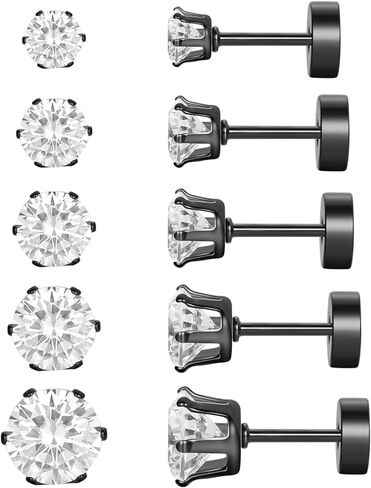 APMART 5 Pairs of 316L Stainless Steel Black Gold Plated Earrings Set Hypoallergenic Cubic Zirconia 3-7mm 20G in Kuwait