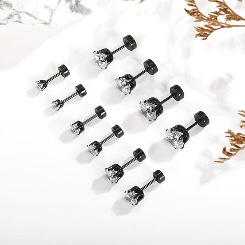 APMART 5 Pairs of 316L Stainless Steel Black Gold Plated Earrings Set Hypoallergenic Cubic Zirconia 3-7mm 20G in Kuwait