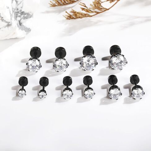 APMART 5 Pairs of 316L Stainless Steel Black Gold Plated Earrings Set Hypoallergenic Cubic Zirconia 3-7mm 20G in Kuwait