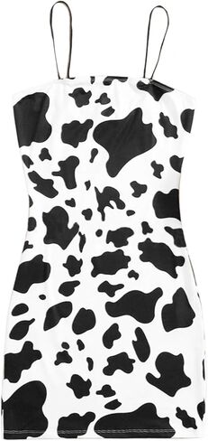 فستان نسائي من ANLJED مطبوع عليه بقرة وشريط سباغيتي ضيق بدون أكمام فستان قصير ضيق ضيق فساتين قصيرة سهلة الارتداء in Kuwait