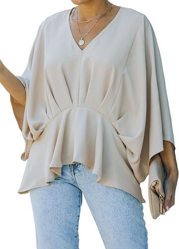 Vrtige Women's Casual V Neck Pleated Batwing Sleeve Blouse Shirt Tunic Top in Saudi Arabia