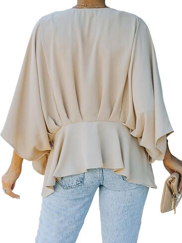 Vrtige Women's Casual V Neck Pleated Batwing Sleeve Blouse Shirt Tunic Top in Saudi Arabia