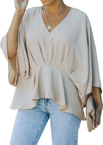 Vrtige Women's Casual V Neck Pleated Batwing Sleeve Blouse Shirt Tunic Top in Saudi Arabia