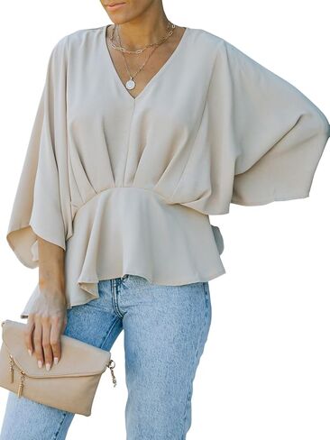 Vrtige Women's Casual V Neck Pleated Batwing Sleeve Blouse Shirt Tunic Top in Saudi Arabia