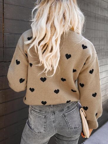 CUPSHE Womens' Pullover Sweaters Long Sleeve Mock Neck Ribbed Knit Jumper Tops Warm Heart Print in Saudi Arabia