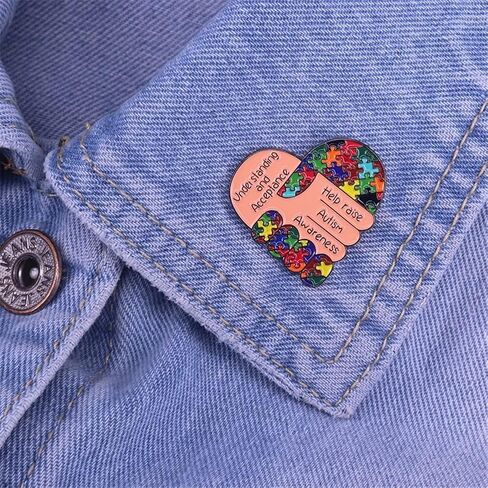 Autism Awareness Heart Shaped Enamel Brooch Pins Badge Rainbow Puzzle Lapel Pin Alloy Metal Brooch Lapel Pin Fashion Jewelry Accessories Support Gifts, Metal, no gemstone in Kuwait