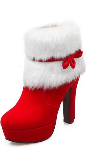 Women's Winter Fur Ankle Boots Christmas Boots,Bow Decor Side Zipper Fur Closure Chunky High Heel Santa Boots Snow Boots in Saudi Arabia