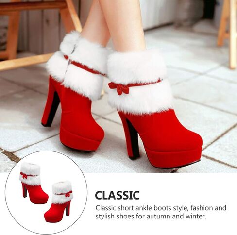 Women's Winter Fur Ankle Boots Christmas Boots,Bow Decor Side Zipper Fur Closure Chunky High Heel Santa Boots Snow Boots in Saudi Arabia
