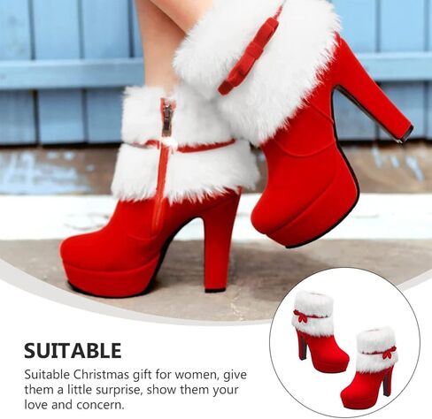 Women's Winter Fur Ankle Boots Christmas Boots,Bow Decor Side Zipper Fur Closure Chunky High Heel Santa Boots Snow Boots in Saudi Arabia