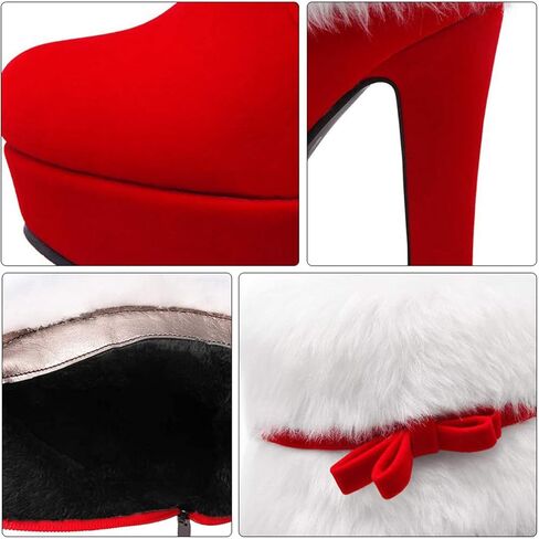 Women's Winter Fur Ankle Boots Christmas Boots,Bow Decor Side Zipper Fur Closure Chunky High Heel Santa Boots Snow Boots in Saudi Arabia
