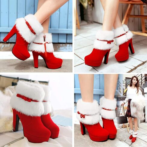 Women's Winter Fur Ankle Boots Christmas Boots,Bow Decor Side Zipper Fur Closure Chunky High Heel Santa Boots Snow Boots in Saudi Arabia