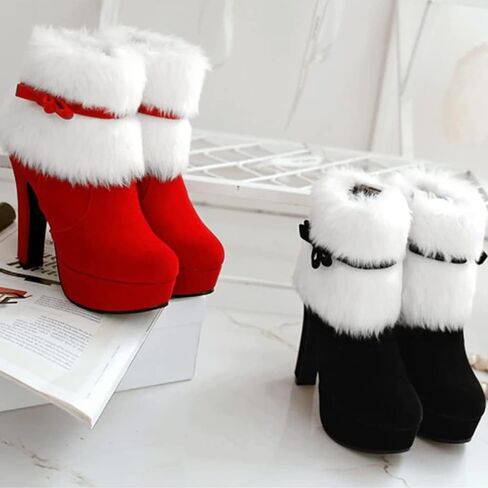 Women's Winter Fur Ankle Boots Christmas Boots,Bow Decor Side Zipper Fur Closure Chunky High Heel Santa Boots Snow Boots in Saudi Arabia