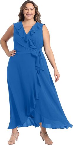 London Times Women's Soft and Flowy Feminine Ruffle Hi-Low Faux Wrap Maxi Dress in Saudi Arabia