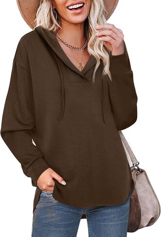 Women's Long Sleeve Hooded Tunic Tops V Neck Sweatshirts Casual Pullover Hoodies in Saudi Arabia