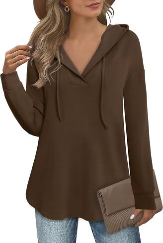 Women's Long Sleeve Hooded Tunic Tops V Neck Sweatshirts Casual Pullover Hoodies in Saudi Arabia