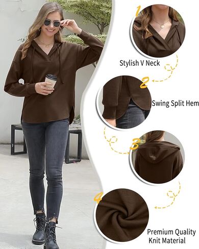 Women's Long Sleeve Hooded Tunic Tops V Neck Sweatshirts Casual Pullover Hoodies in Saudi Arabia