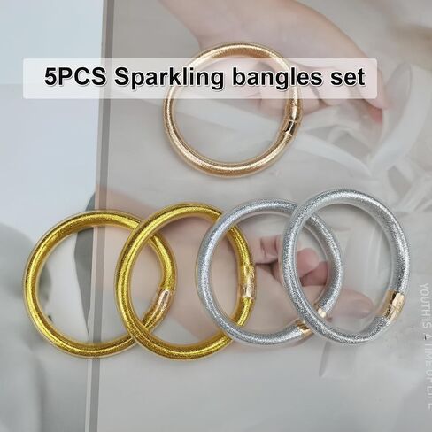 مجموعة أساور سيليكون هلامية ناعمة مملوءة بالجليتر من 5 قطع من YBMYCM، أساور عصرية لامعة كهدية للنساء والفتيات in Kuwait