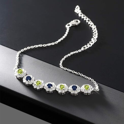 Gem Stone King 925 Sterling Silver Green Peridot Blue Sapphire and White Zirconia Tennis Bracelet For Women (1.58 Cttw, Gemstone August Birthstone, 7 Inch with 2 Inch Extender) in Saudi Arabia