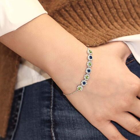 Gem Stone King 925 Sterling Silver Green Peridot Blue Sapphire and White Zirconia Tennis Bracelet For Women (1.58 Cttw, Gemstone August Birthstone, 7 Inch with 2 Inch Extender) in Saudi Arabia