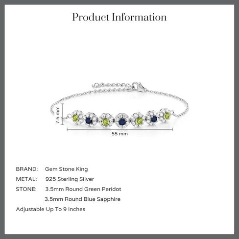 Gem Stone King 925 Sterling Silver Green Peridot Blue Sapphire and White Zirconia Tennis Bracelet For Women (1.58 Cttw, Gemstone August Birthstone, 7 Inch with 2 Inch Extender) in Saudi Arabia
