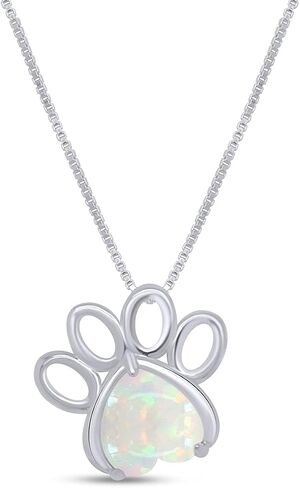 AFFY 7MM Heart Cut White Created Opal Paw Print Pendant Necklace In 14K Gold Plated 925 Sterling Silver Along With 18"+2" Adjustable Chain in Saudi Arabia