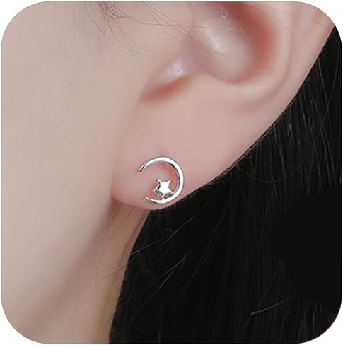 IPEPPY 925 Sterling Silver Mini Star Moon Studs Earrings for Women Teen Girls Lucky Crescent Stud Earrings Hypoallergenic Small Stud Earrings Jewelry Gift for Her Wedding Birthday Engagement in Saudi Arabia