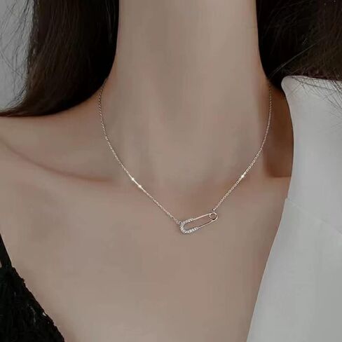 Crystal Safety Pin Necklace Pendant for Women Girls Dainty Cubic Zirconia Paperclip Adjustable Chain Necklace Choker Jewelry Gifts in Saudi Arabia