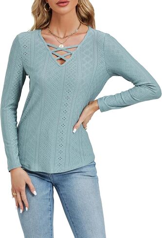 LYANER Women's Long Sleeve Eyelet Tops Dressy Business Casual Work Shirts Tunic Tops in Saudi Arabia