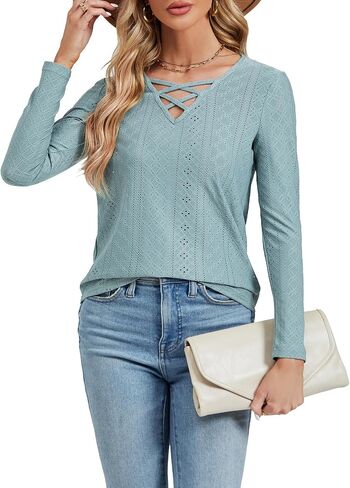 LYANER Women's Long Sleeve Eyelet Tops Dressy Business Casual Work Shirts Tunic Tops in Saudi Arabia