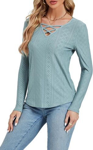 LYANER Women's Long Sleeve Eyelet Tops Dressy Business Casual Work Shirts Tunic Tops in Saudi Arabia