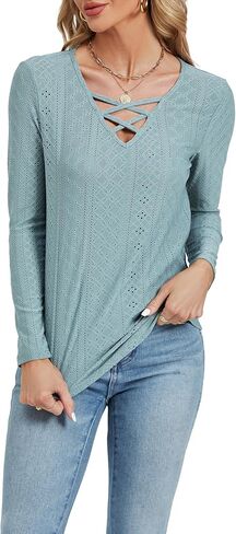 LYANER Women's Long Sleeve Eyelet Tops Dressy Business Casual Work Shirts Tunic Tops in Saudi Arabia