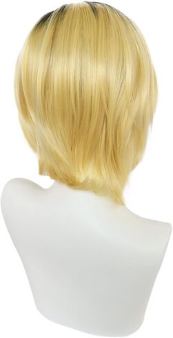 JoneTing +{Wig Cap} Blonde Wig for Cosplay Costume Women Synthetic Wig Ombre Black Yellow Wig for Girls Short Wavy Halloween Wig for Anime Cosplay Peluca Ombre Negra Amarilla Natural Wigs for Chrismas Party in Saudi Arabia