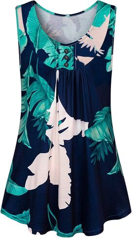 LURANEE Womens Casual Sleeveless Floral Tops Crew Neck Pleated Loose Tunic Shirt in Kuwait