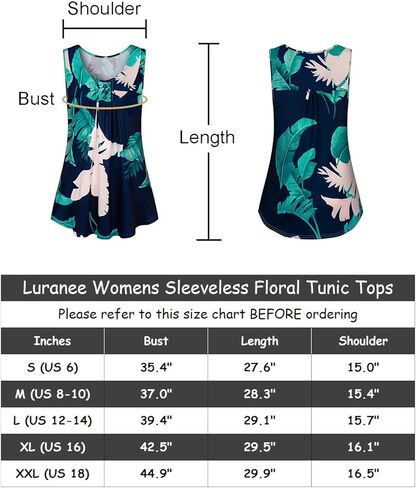 LURANEE Womens Casual Sleeveless Floral Tops Crew Neck Pleated Loose Tunic Shirt in Kuwait