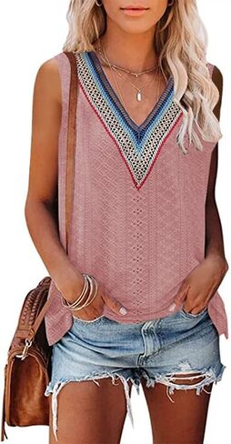 COCOKER 2024 Women's Sleeveless Tank Tops Lace Summer Tops V Neck Cute Shirt in Saudi Arabia