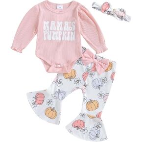 Lamuusaa Newborn Baby Girl Halloween Outfit Mamas Pumpkin Romper Onesie Pumpkin Flared Pants Headband Fall Clothes