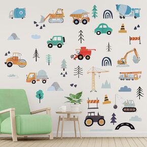 6 Pcs Construction Vehicles Wall Stickers, Transportation Wall Stickers Bohemian Wall Decorations Peel and Stick Wall Decoration for Boys Bedroom Kids Room Playroom Decoration