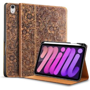 Gexmil Case for iPad Mini 8.3 Inch,6th Generation(2021) Genuine Leather Cover with Pencil Holder,Cowhide Folio Cover Auto Sleep/Wake,Anti Fingerprint/Slip,Buffalo Pattern