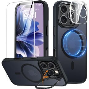 Magnetic & Stand for iPhone 16 Pro Case with 9H Screen & Lens Protector[Fit for Magsafe][Metal Kickstand][Colorful Frame] Translucent Matte Back Skin-Touch Case for iPhone 16 Pro (Clear)