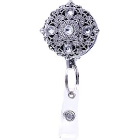LARAINE Badge Reel Holder Retractable Metal Clip ID Card & Key Holders Carabiner Rhinestones Pearl Bird Shape 1.7" (Flower Silver)