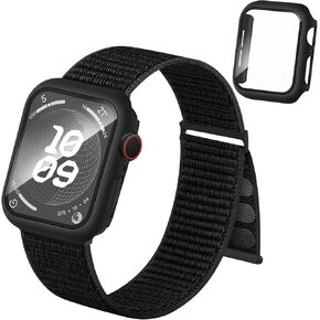 Compatible with Apple Watch Band 40mm 41mm 44mm 45mm with Screen Protector Case,Adjustable Nylon Sport Band Strap and Protective Cover with 9H Tempered Glass for iWatch Series 9 8 7 6 5 4 SE