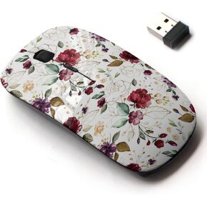 2.4G Wireless Mouse with Cute Pattern Design for All Laptops and Desktops with Nano Receiver - Gold Burgundy Flowers