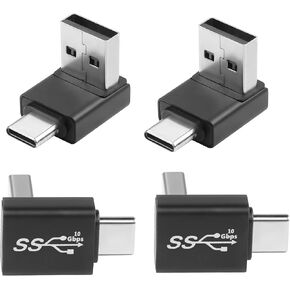 QIANRENON USB3.1 Male to USB C Male 90° Angle Adapter 10Gbps USB3.1 to USB C Charging Connector Right Angle Plug QC60W/PD15W (only A to C), for Phone Wall Charger,4Pcs(2 Up+2 Down)/Positive Bend