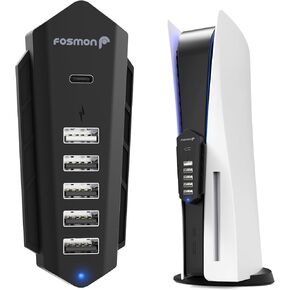 موزع USB Fosmon لجهاز PS5، شاحن موسع USB عالي السرعة بـ 5 منافذ لجهاز PlayStation 5 (القرص/الإصدار الرقمي)، 4 USB + 1 شحن USB + منفذ واحد من النوع C - أسود (ليس لـ 2023 PS5 Slim) in Kuwait