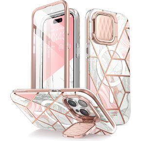 i-Blason Cosmo Magnetic for iPhone 15 Pro Max Case with Camera Cover Stand [MagSafe Compatible] Slim Full-Body Phone Case for iPhone 15 Pro Max with Built-in Screen Protector & Kickstand (Marble)
