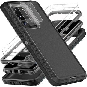 for Samsung Galaxy S20 Ultra Case, Military Grade Shockproof/Drop Proof/Dust Proof Case with 2Pcs Self Healing Flexible TPU Screen Protector & Camera Lens Protector (Black/Grey)