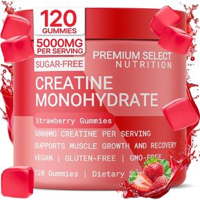 Creatine Monohydrate Gummies Strawberry for Men & Women, 100% Pure Creatine Gummies, 5g per Serving + Vegan, Sugar Free, No Bloat + Strength, Energy, Muscle Recovery + Growth & Booty Gain - 120 Count